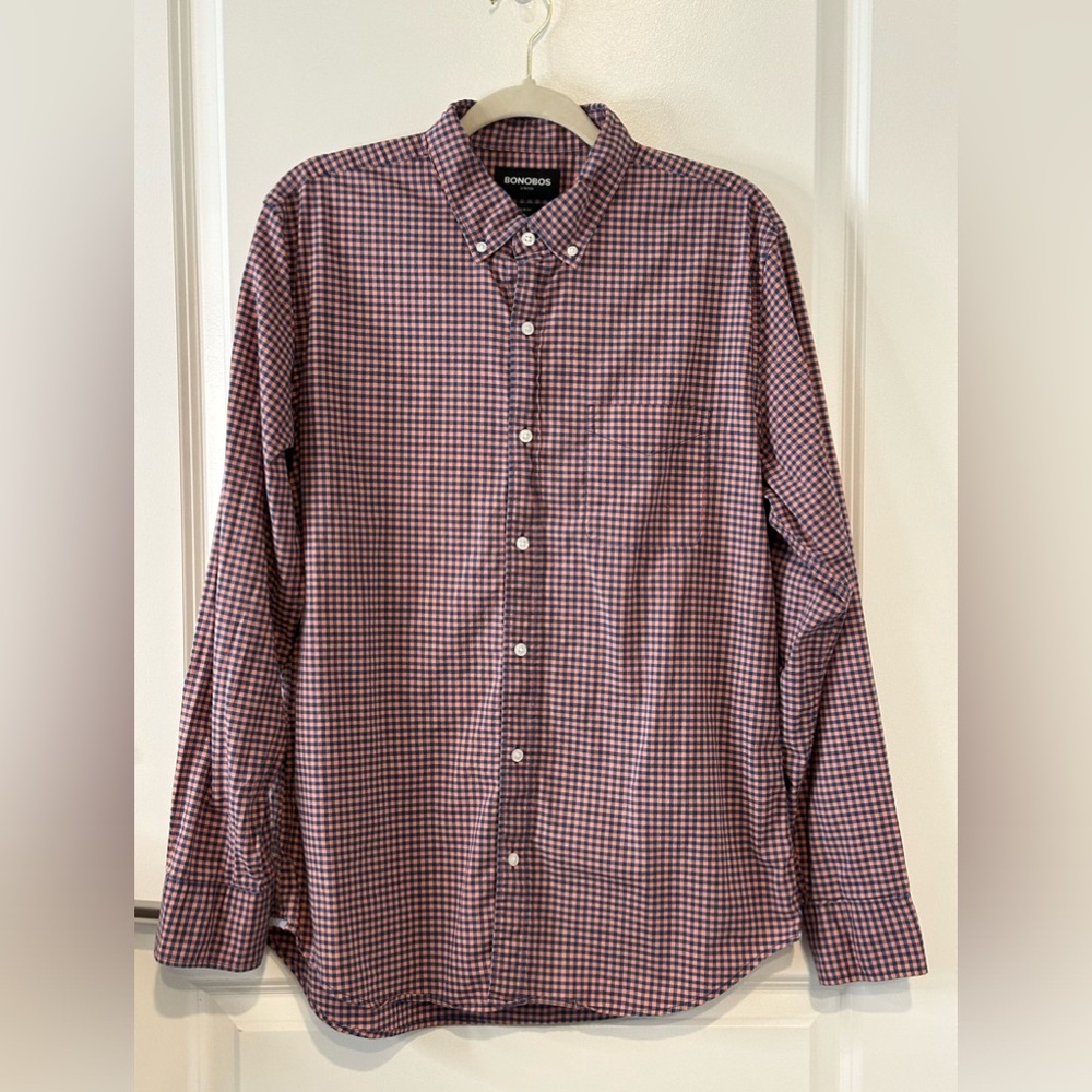 Bonobos Button Down Shirt Mens Slim Fit Stretch Pink Blue Plaid Large Longsleeve